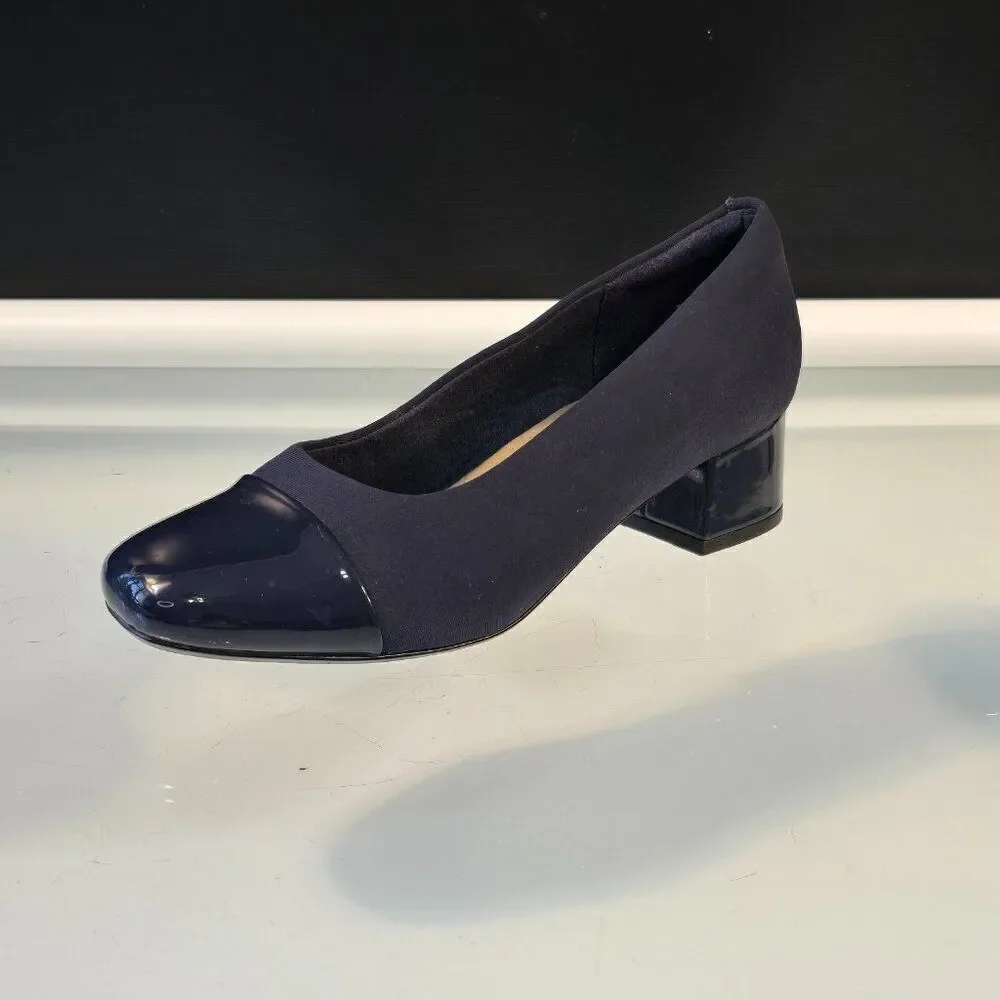 Clarks Marilyn Sara Blue Shoes Womens Sz 7.5 Fabric w Patent Leather Block Heels